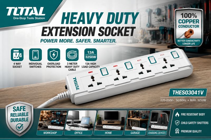TOTAL Heavy Duty 4-Way Extension Socket | 3M Copper Cable | Individual Switches | Overload Protection | 13A - THES03041V