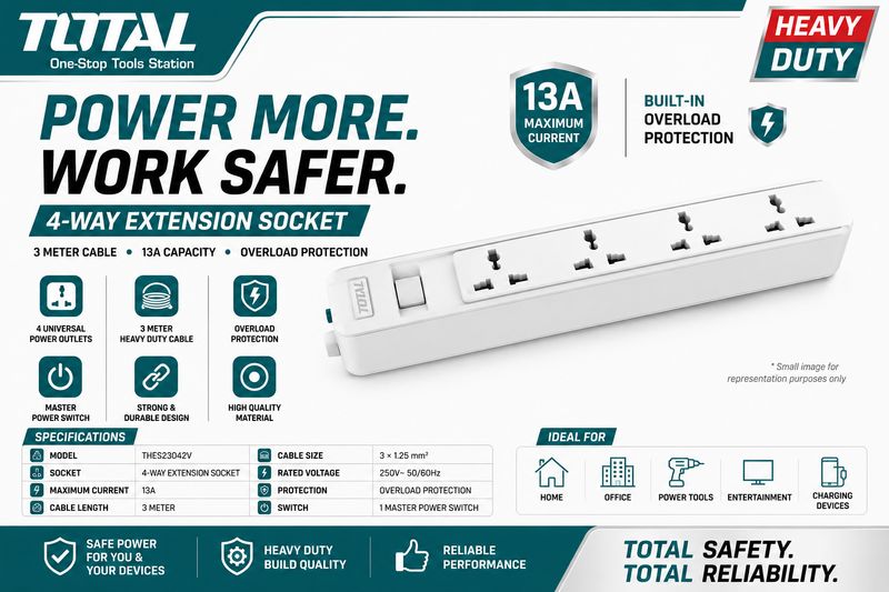 TOTAL 4-Way Extension Socket 13A | 3M Heavy Duty Copper Power Strip with Overload Protection &amp; Power Switch | THES23042V
