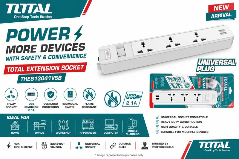 TOTAL 3-Way Extension Socket with USB Charger | 3 Meter Copper Heavy Duty Power Strip | 13A | Overload Protection  | Single Switch Control | THES13041VSB