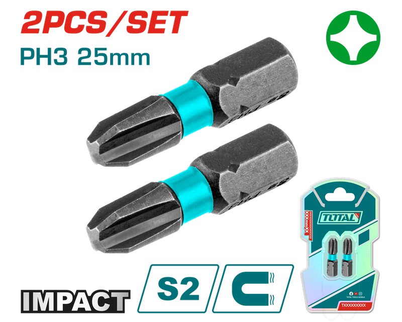 TOTAL Impact Screwdriver Bits PH3 25mm 2 Pcs Set – TACIM71PH325 TOTAL Impact Screwdriver Bits PH3 25mm 2 Pcs Set – TACIM71PH325