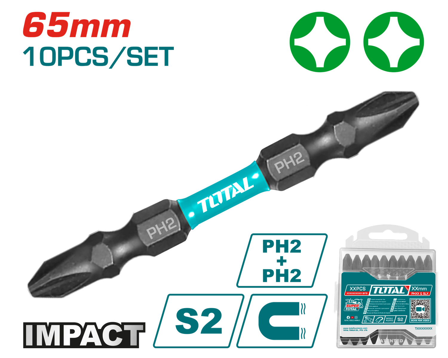 Total PH2+PH2, 10PCS 65mm Impact Screwdriver Bits Set - TACIM16PH233