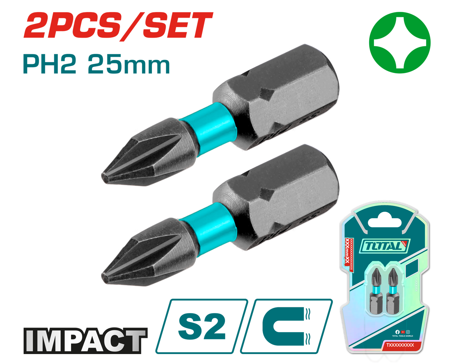 TOTAL Impact Screwdriver Bits PH2 25mm (2 Pcs)- TACIM71PH225