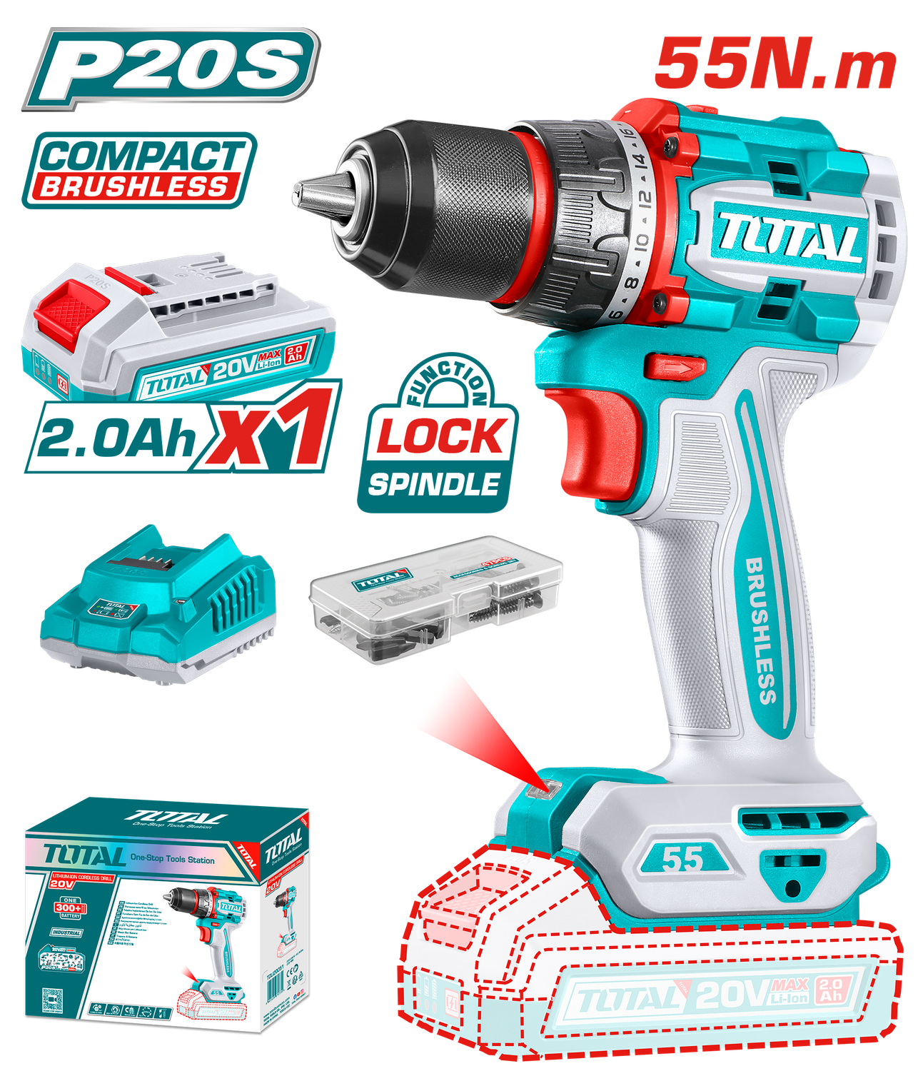 TOTAL Brushless Cordless Drill Kit 20V - TDLI205582