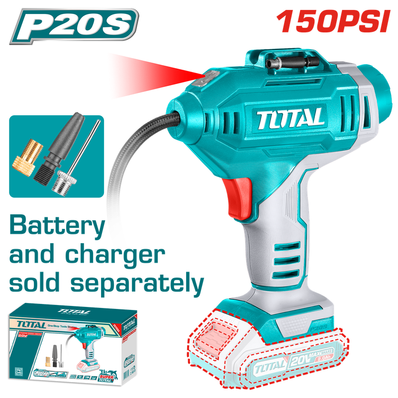 Total 20V Cordless Portable Air Compressor with LED Light & 3 Adaptors - TACLI2018 Total 20V Cordless Portable Air Compressor with LED Light & 3 Adaptors - TACLI2018
