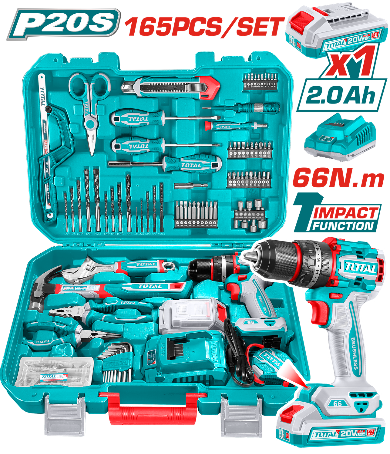TOTAL Cordless Impact Drill Kit 20V - THKTHP11652