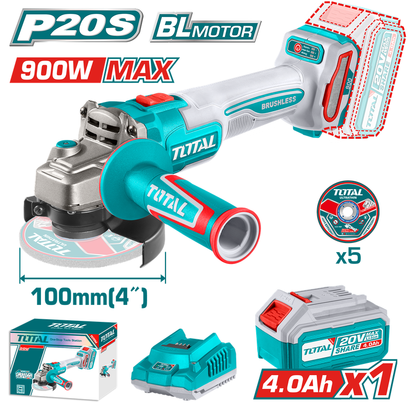 Total 20V Brushless Angle Grinder – 900W, 100mm Disc, with Battery &amp; Charger-TAGLI261021