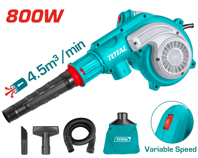 Total 800W High-Power Aspirator Blower-15000 RPM, Variable Speed, with Dust Bag &amp; Accessories-TB8036