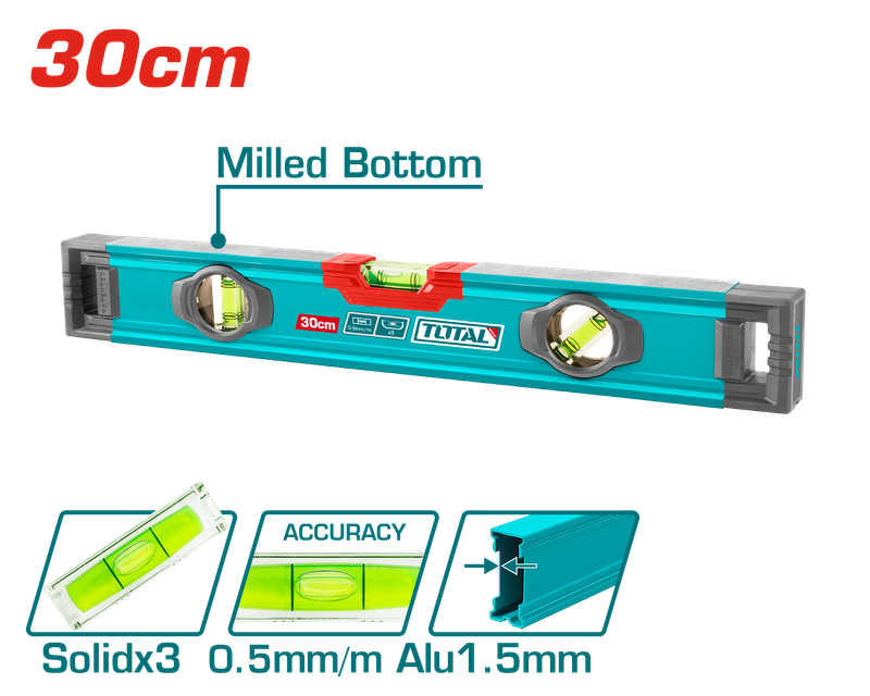 Total 30cm Professional Spirit Level – Double-Sided Milled, 0.5mm/m Accuracy, V-Shape Slot- TMT23028