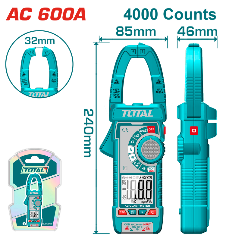 Total Digital Clamp Meter – TRMS 4000 Counts, AC/DC Voltage &amp; Current, NCV, Flashlight, Auto Power Off- TMT766001