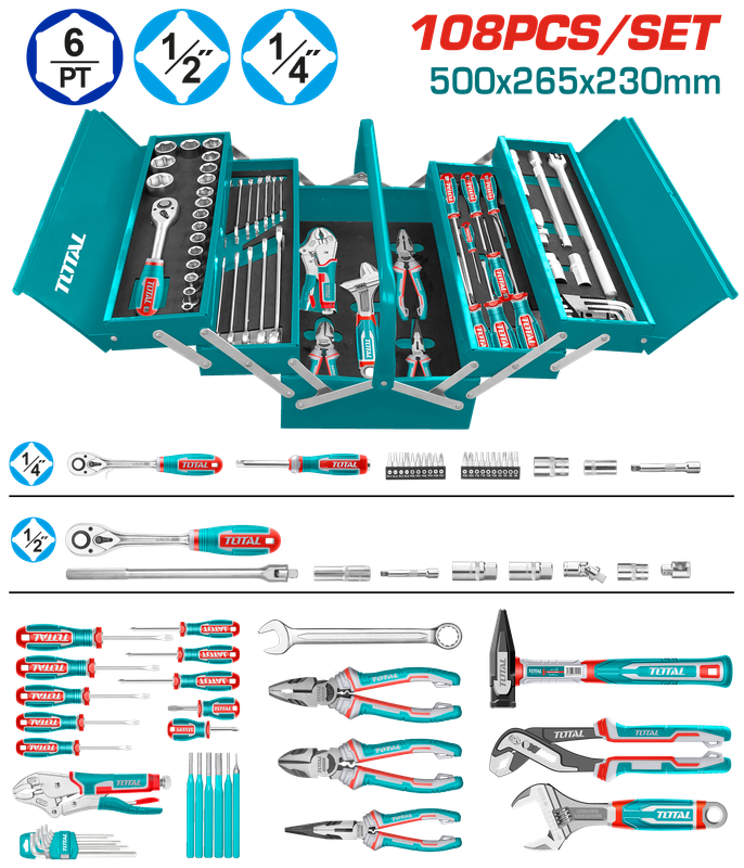 Total 108 Pcs Tool Chest Set with Ratchets, Sockets, Screwdrivers &amp; More- THTCS121081