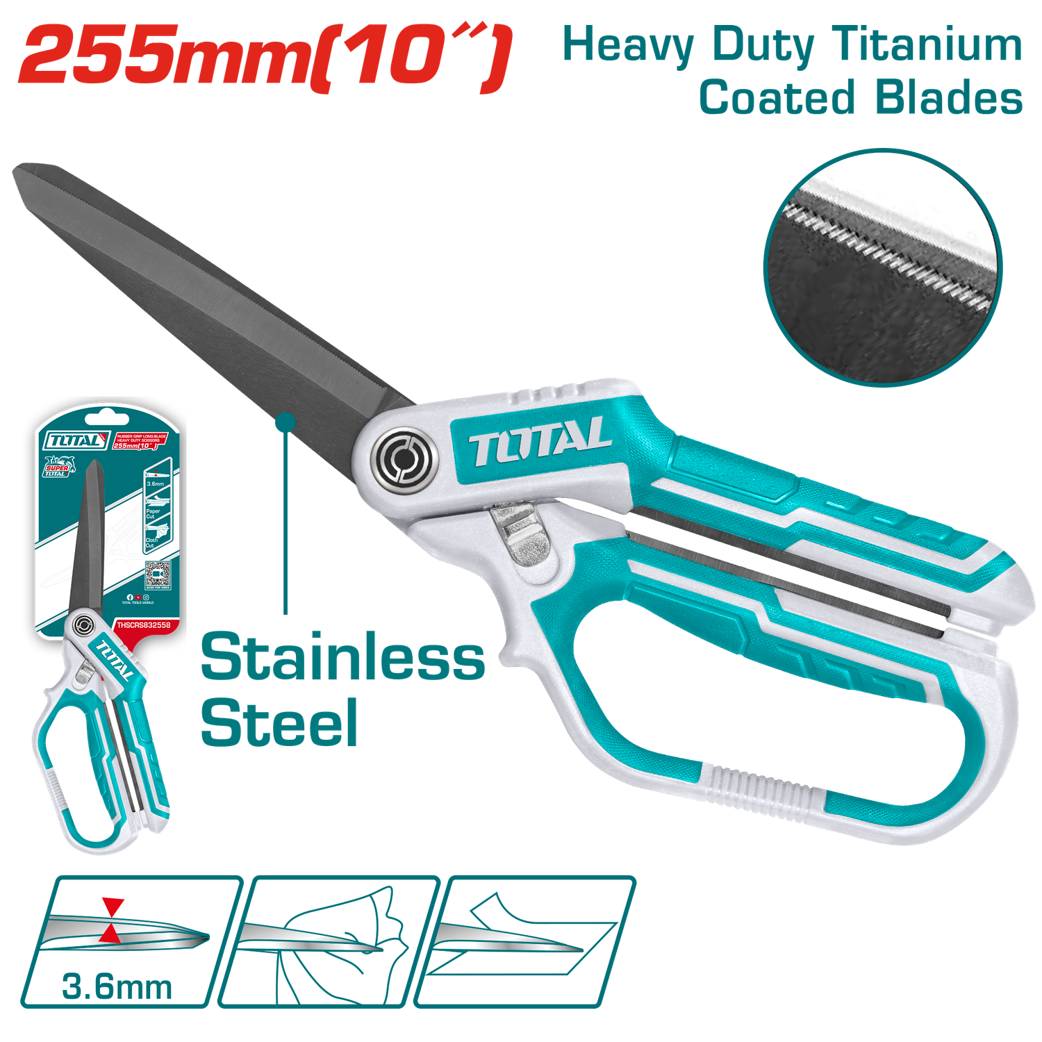 TOTAL Heavy Duty Long-Blade Titanium Scissors 255mm (10”) – THSCRS832558