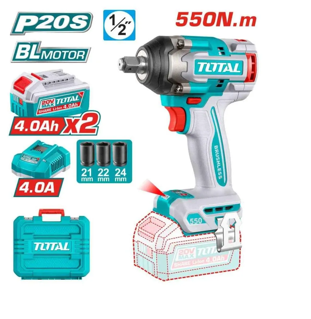 TOTAL TIWLI2055 20V Brushless Impact Wrench – 1/2" Drive | 550Nm | Dual 4.0Ah Batteries