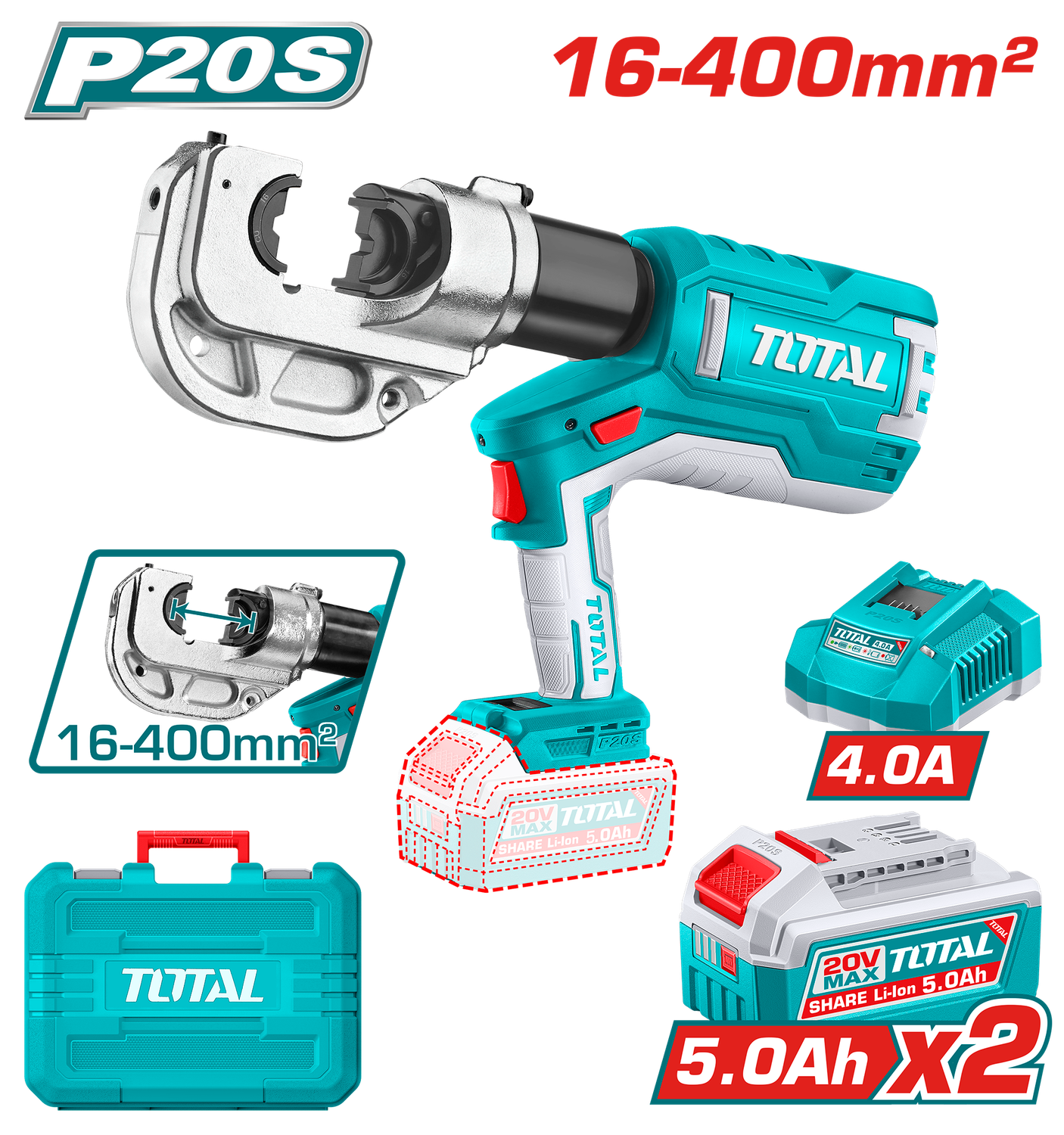 TOTAL TCTLI2005 20V Cordless Hydraulic Crimping Tool – 120KN Force | 16–400mm² Capacity | With 2×5.0Ah Batteries &amp; Charger