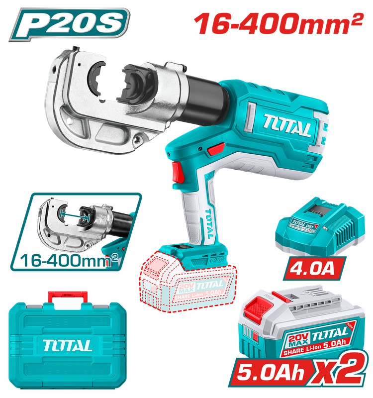 TOTAL TCTLI2005 20V Cordless Hydraulic Crimping Tool – 120KN Force | 16–400mm² Capacity | With 2×5.0Ah Batteries &amp; Charger