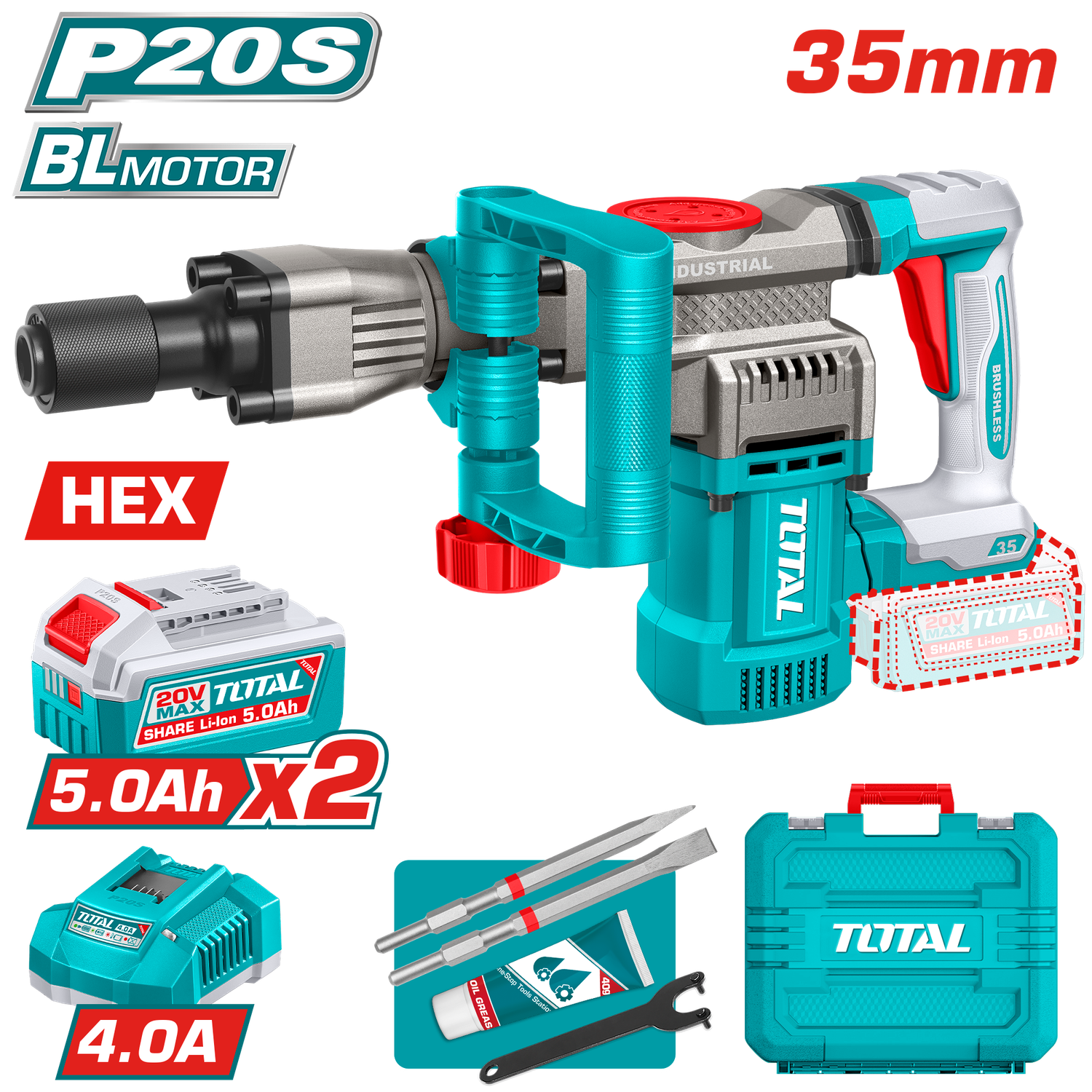 Total Tools 20V Brushless Cordless Demolition Breaker 16J SDS HEX with 2×5.0Ah Batteries &amp; Charger – TDBLI203582