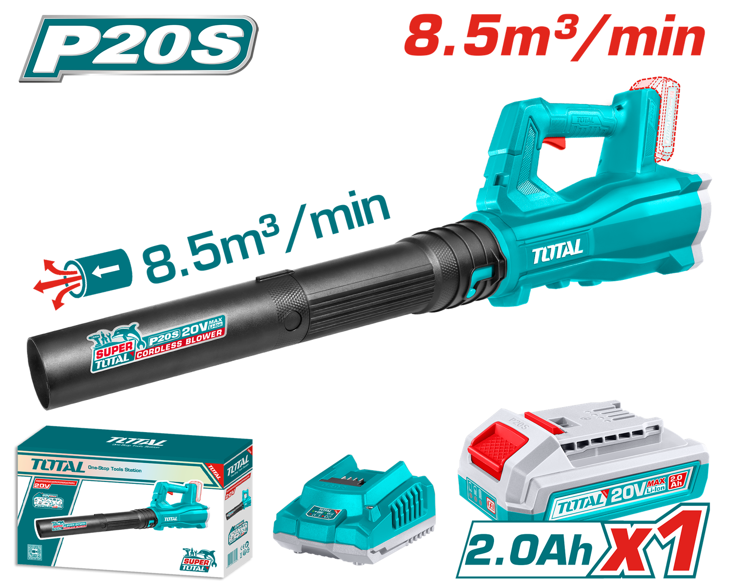 TOTAL TABLI203235 20V Cordless Blower Kit (15000 RPM | 115 km/h Air Speed | Battery &amp; Charger Included)