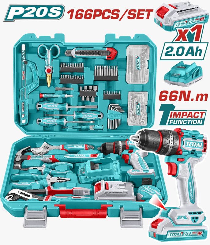 TOTAL 166 Pcs Professional Tool Kit with 20V Cordless Impact Drill &amp; Carrying Case – THKTHP41667