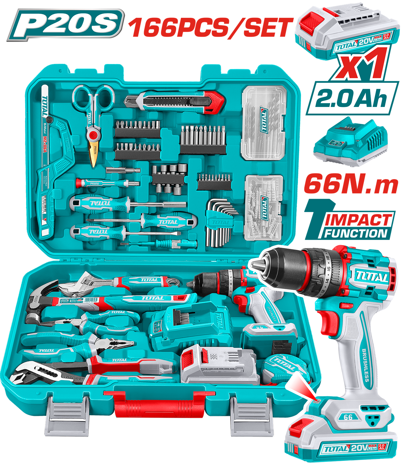 TOTAL 166 Pcs Professional Tool Kit with 20V Cordless Impact Drill &amp; Carrying Case – THKTHP41667