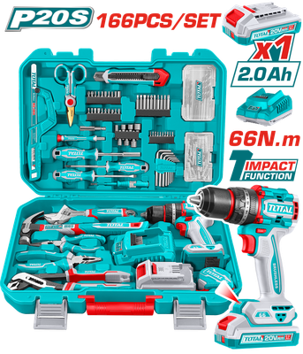 TOTAL 166 Pcs Professional Tool Kit with 20V Cordless Impact Drill &amp; Carrying Case – THKTHP41667