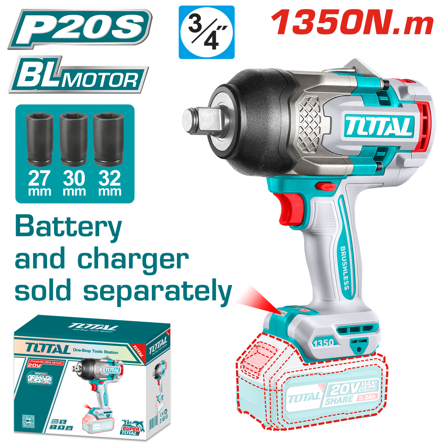 TOTAL TIWLI201351 20V Brushless Cordless Impact Wrench – 3/4" Drive | 1900Nm Nut-Busting Torque