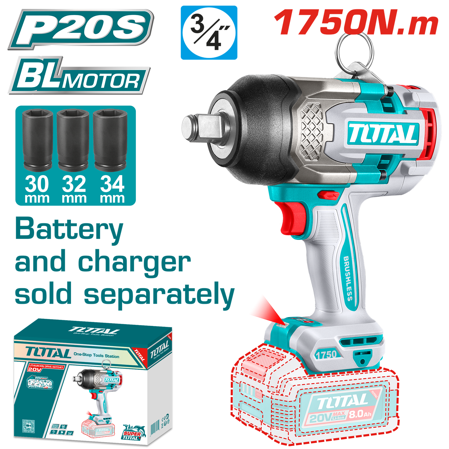 TOTAL TIWLI201751 20V Brushless Cordless Impact Wrench – 3/4" Drive | 2100Nm Nut-Busting Torque | Heavy Duty