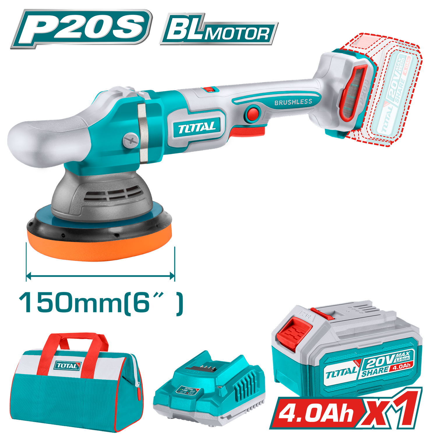 Total Tools 20V Cordless Brushless Car Polisher 150mm Variable Speed with Battery &amp; Charger – TAPLI20151