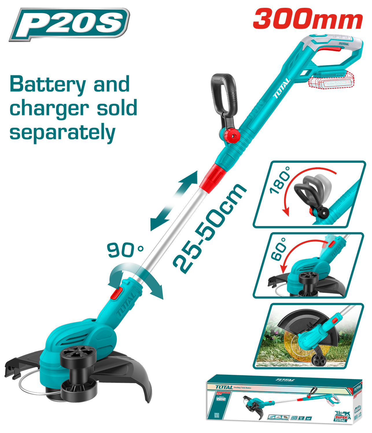 Total TGTLI20328 20V Cordless Grass Trimmer – 300mm Cutting Diameter, 8200RPM, In-line Wheel Edging