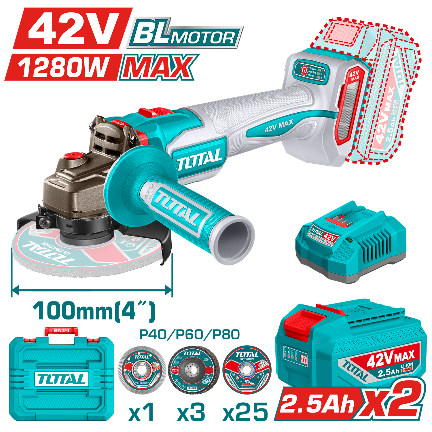 TOTAL Brushless Angle Grinder Kit 42V - TAGLI4128102