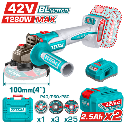 TOTAL TAGLI4128102 42V Brushless Cordless Angle Grinder Kit with Dual Batteries