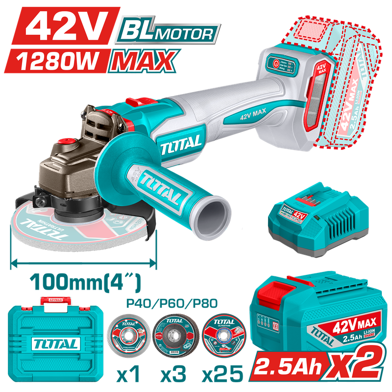 TOTAL TAGLI4128102 42V Brushless Cordless Angle Grinder Kit with Dual Batteries