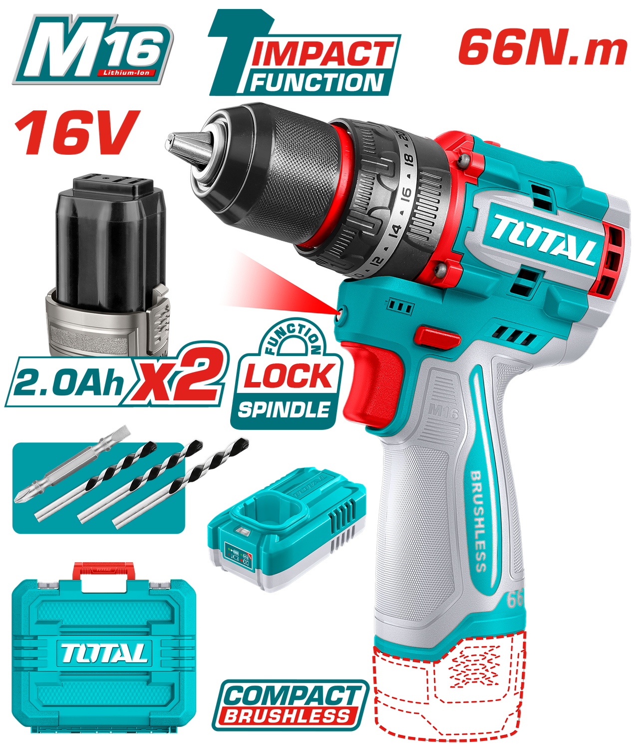 TOTAL TIDLI166062 16V Compact Brushless Cordless Drill Driver with Impact – 66Nm Power