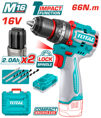 TOTAL TIDLI166062 16V Compact Brushless Cordless Drill Driver with Impact – 66Nm Power