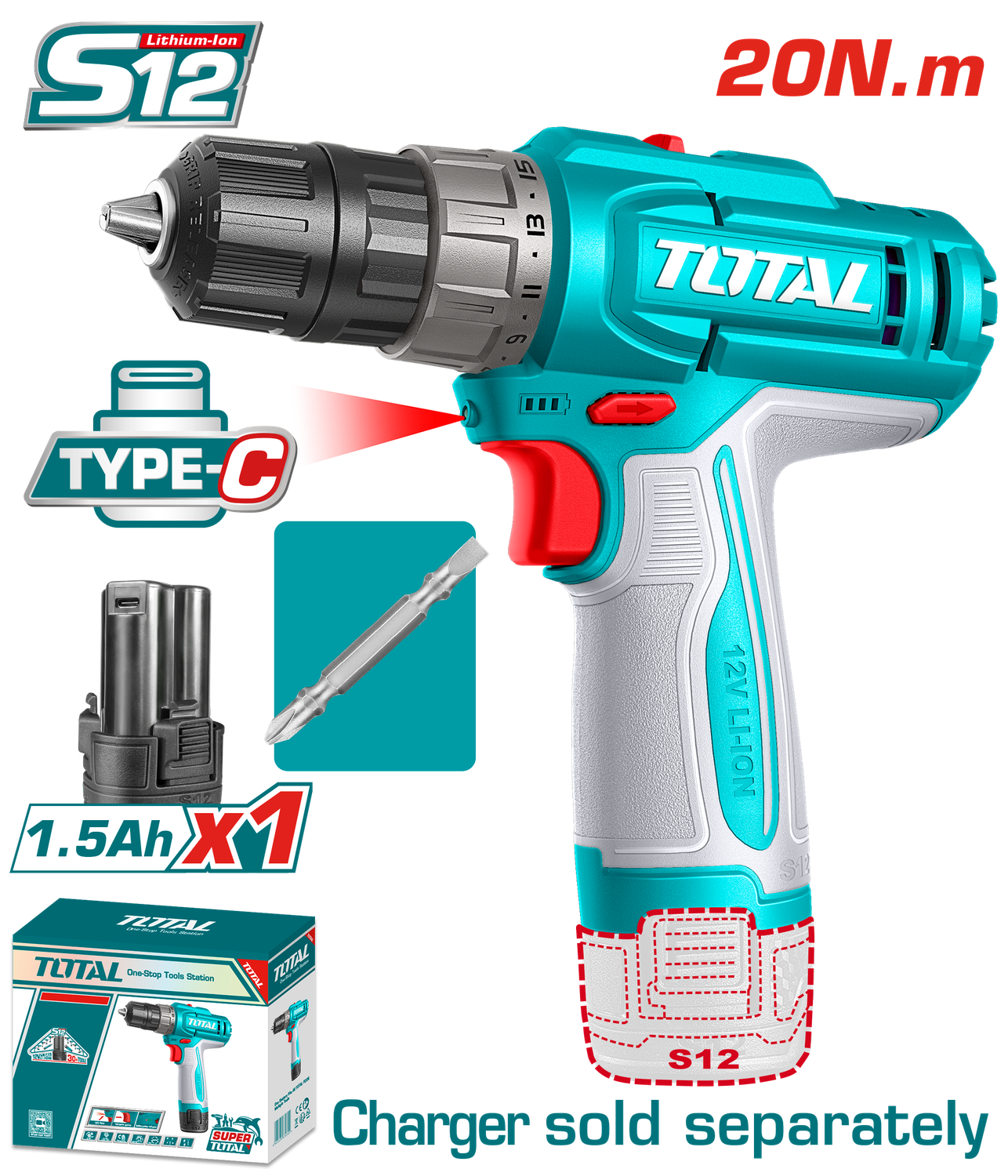 TOTAL TDLI122061 12V Cordless Drill Driver – 20Nm Torque, 2-Speed, USB-C Charging
