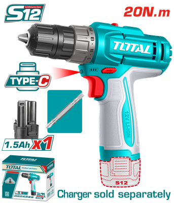 TOTAL TDLI122061 12V Cordless Drill Driver – 20Nm Torque, 2-Speed, USB-C Charging