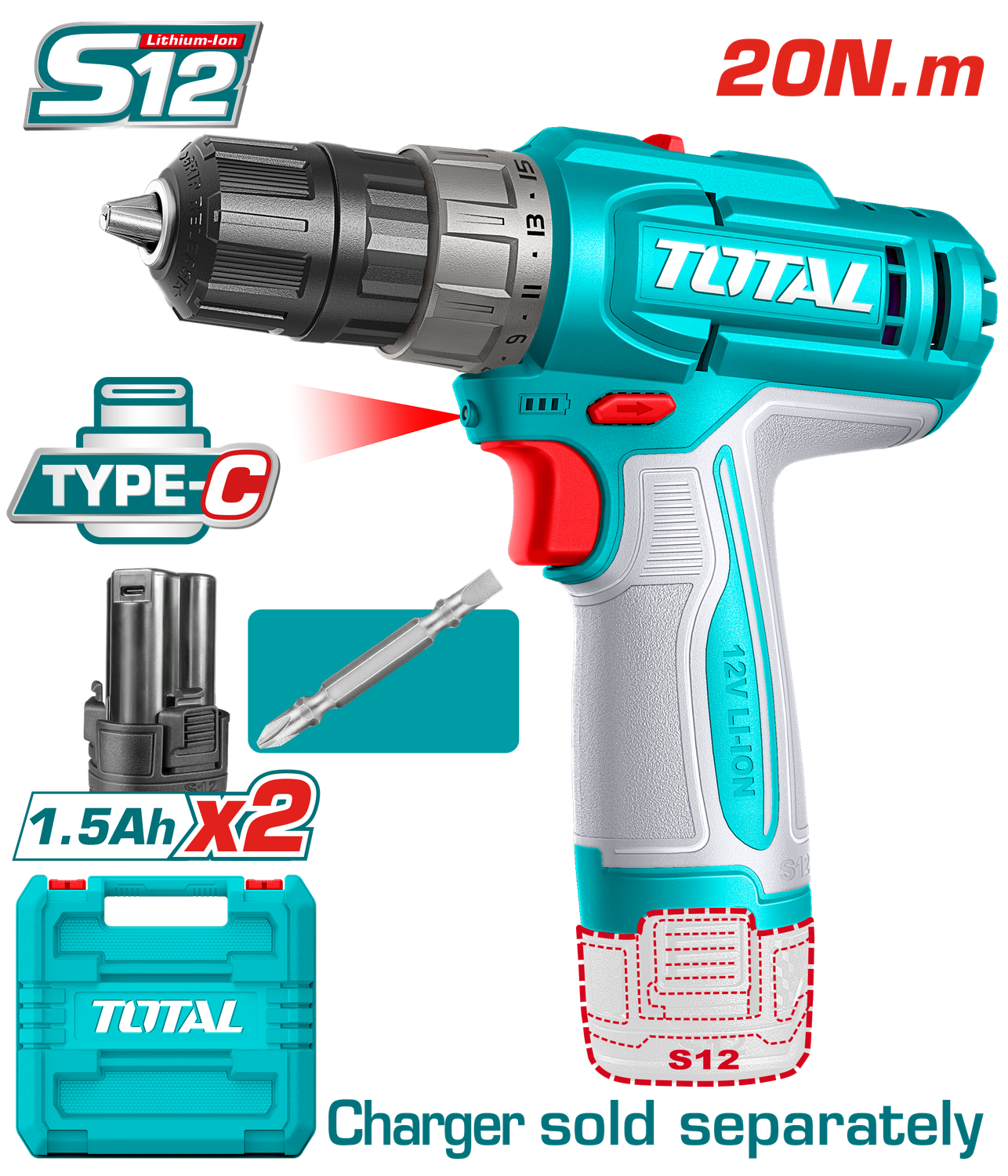 TOTAL TDLI12206 12V Cordless Drill Driver – 20Nm, 2-Speed, Dual 1.5Ah Batteries, Carry Case