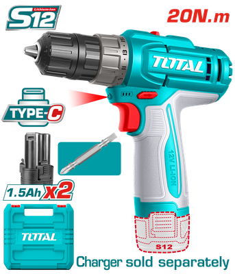 TOTAL TDLI12206 12V Cordless Drill Driver – 20Nm, 2-Speed, Dual 1.5Ah Batteries, Carry Case
