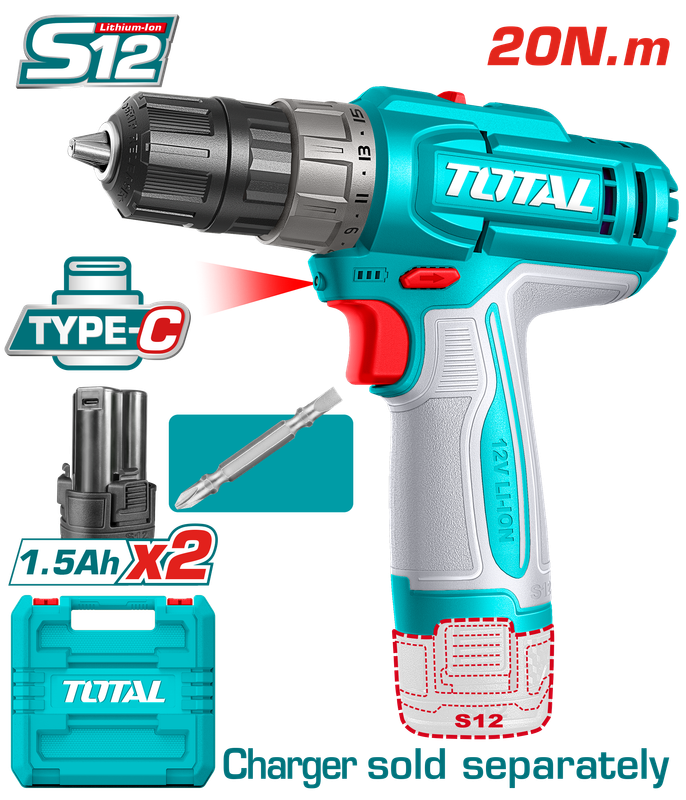 TOTAL Cordless Drill Driver 12V Dual Battery - TDLI12206