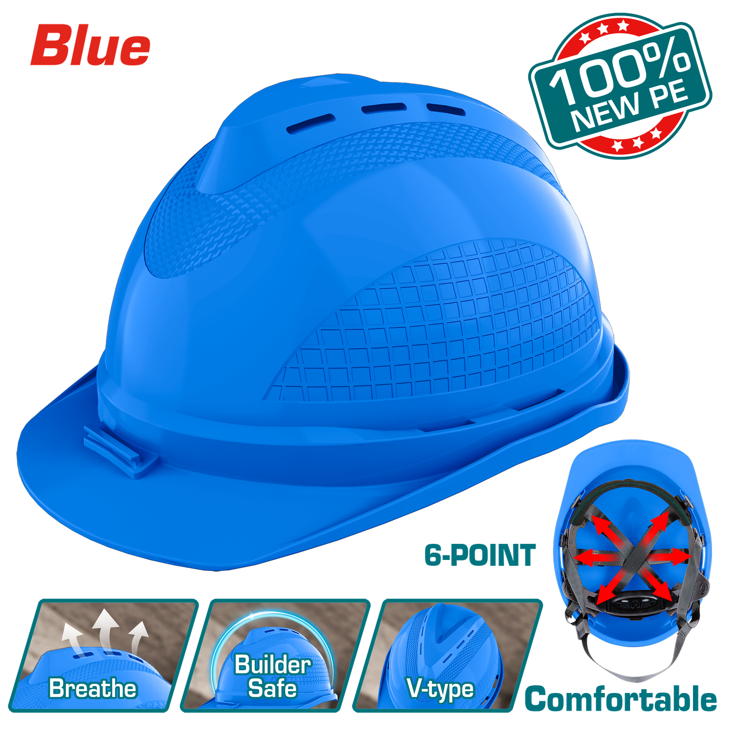 TOTAL TSP8603 Safety Helmet– Blue, 6-Point Suspension with Ratchet Adjustment