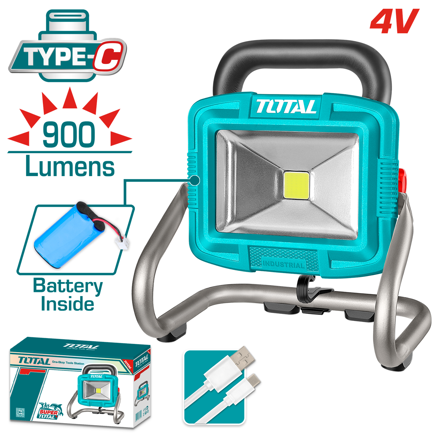 TOTAL 4V Cordless Rechargeable Portable Lamp 900LM with USB Charging – TRLF4415