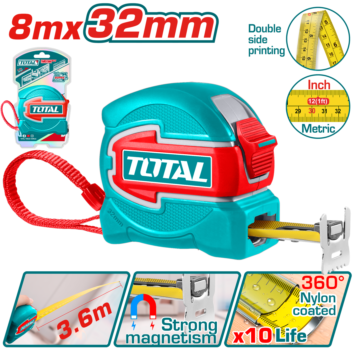TOTAL Steel Measuring Tape 8m x 32mm, 360° Nylon Coated Blade, Magnetic Hook-TMT80832