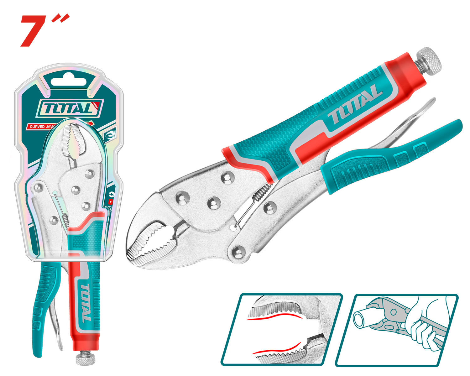 TOTAL 7" Curved Jaw Locking Pliers – Heavy Duty Carbon Steel Grip Pliers with Adjustable Opening (0–38mm) | Model THT190703