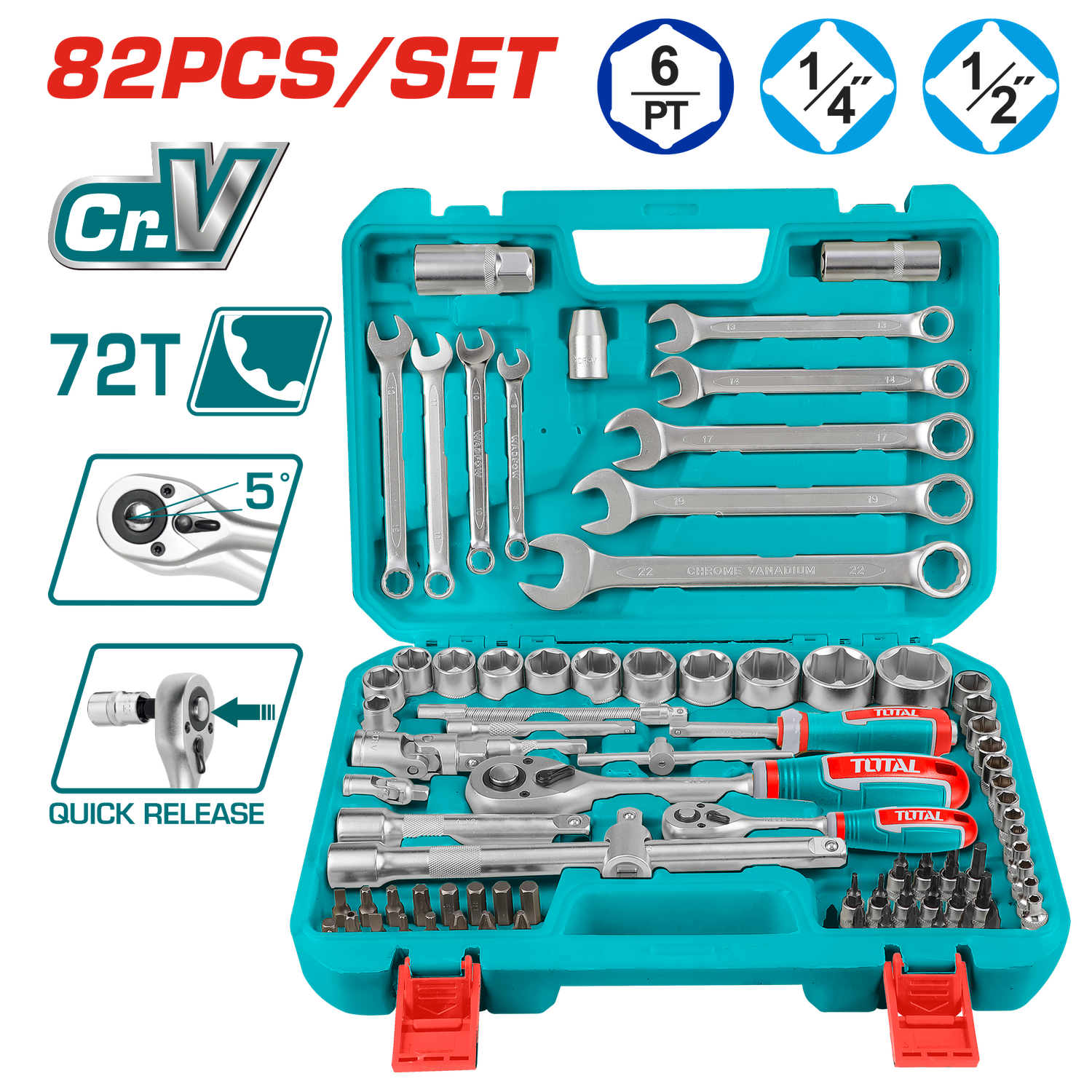 TOTAL 82PCS 1/4? &amp; 1/2? Socket Set, Cr-V Steel, 72T Ratchet, Complete Kit-THT421802