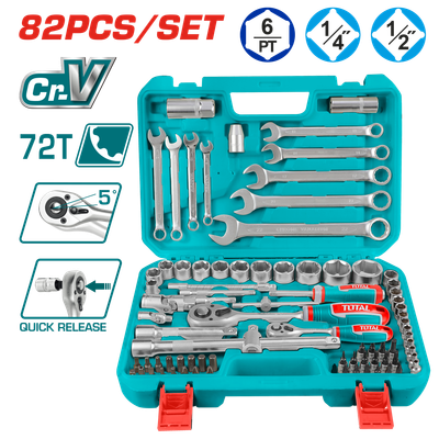 TOTAL 82PCS 1/4? &amp; 1/2? Socket Set, Cr-V Steel, 72T Ratchet, Complete Kit-THT421802