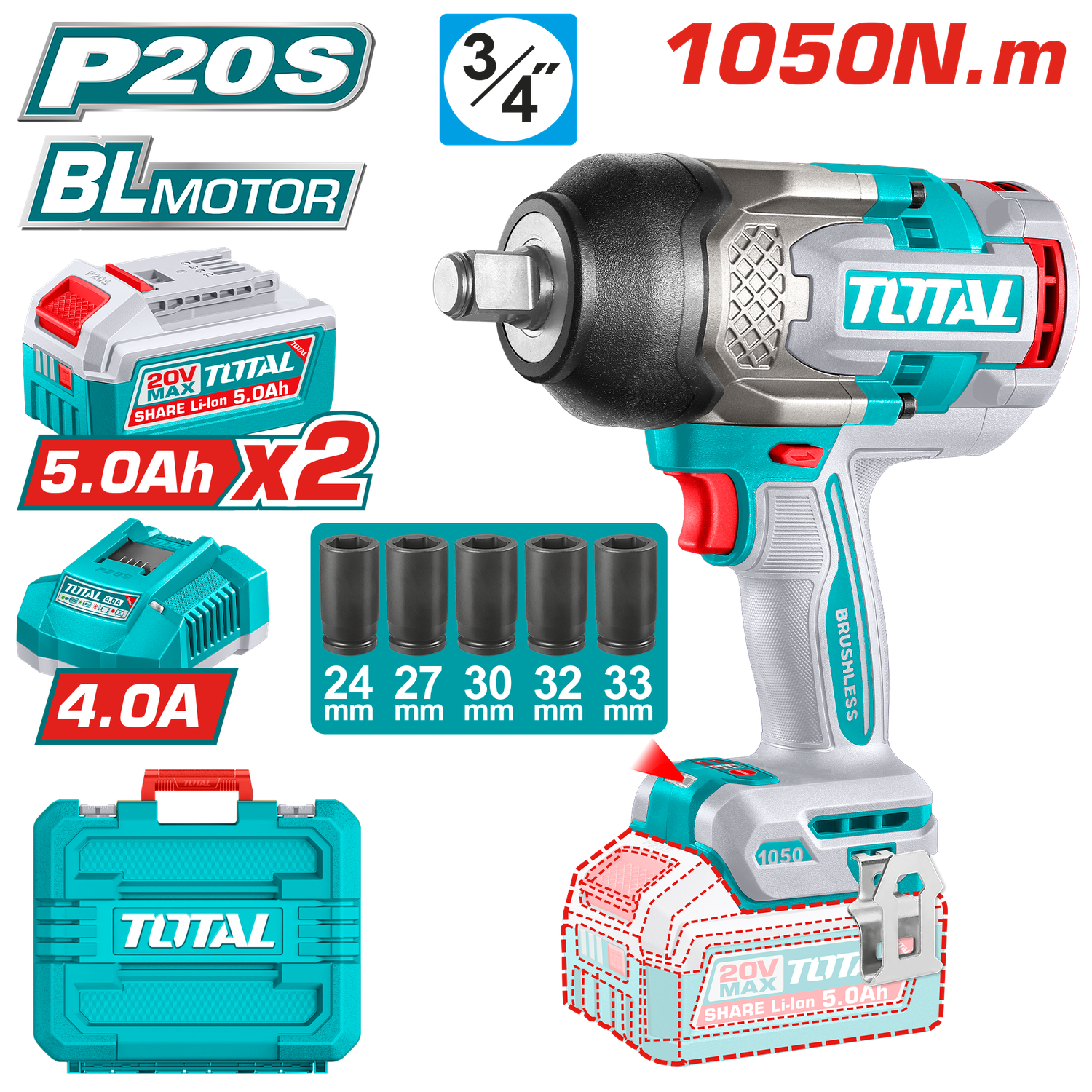 TOTAL TIWLI20105 20V Brushless Cordless Impact Wrench – 3/4" Drive | 1200Nm Nut-Busting Torque | 2×5.0Ah Batteries