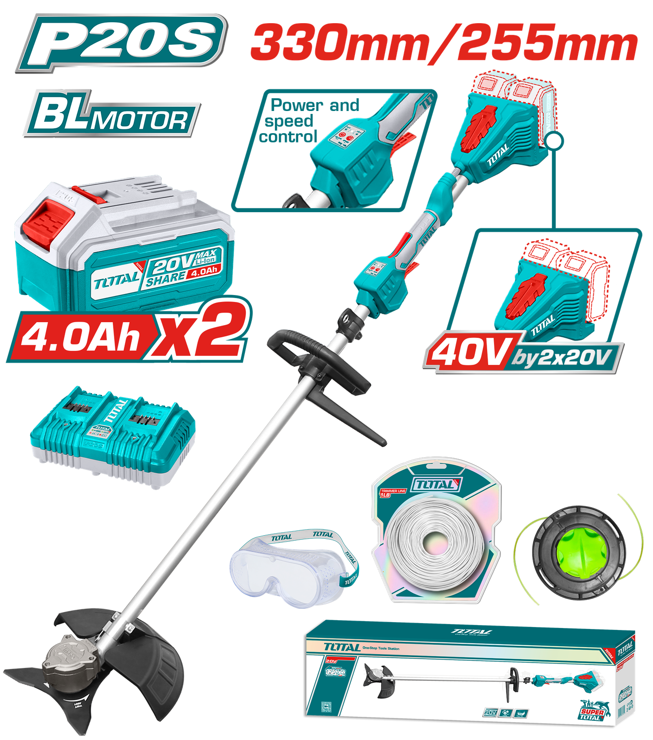TOTAL TSTLI200285 40V Cordless Brushless String Trimmer &amp; Brush Cutter Kit (Dual Battery | 330mm Cutting | Complete Accessories)