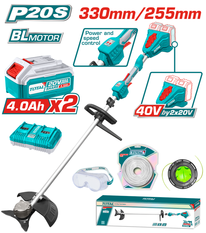 TOTAL Cordless String Trimmer &amp; Brush Cutter 40V - TSTLI200285