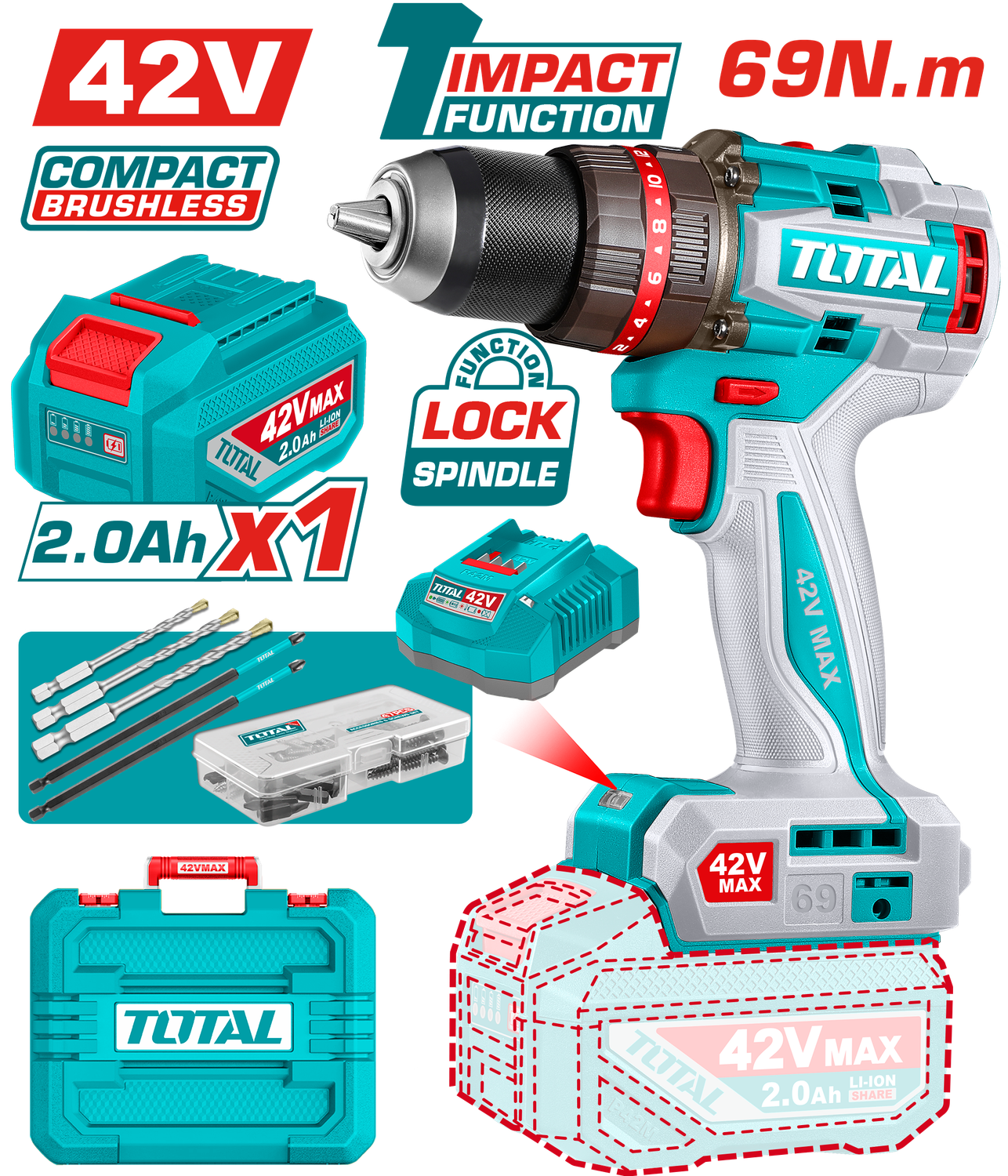 TOTAL TIDLI426981 42V Brushless Cordless Impact Drill Kit with 47 Accessories
