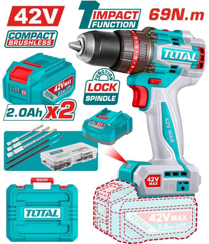 TOTAL Brushless Impact Drill Kit 42V Dual Battery - TIDLI426982