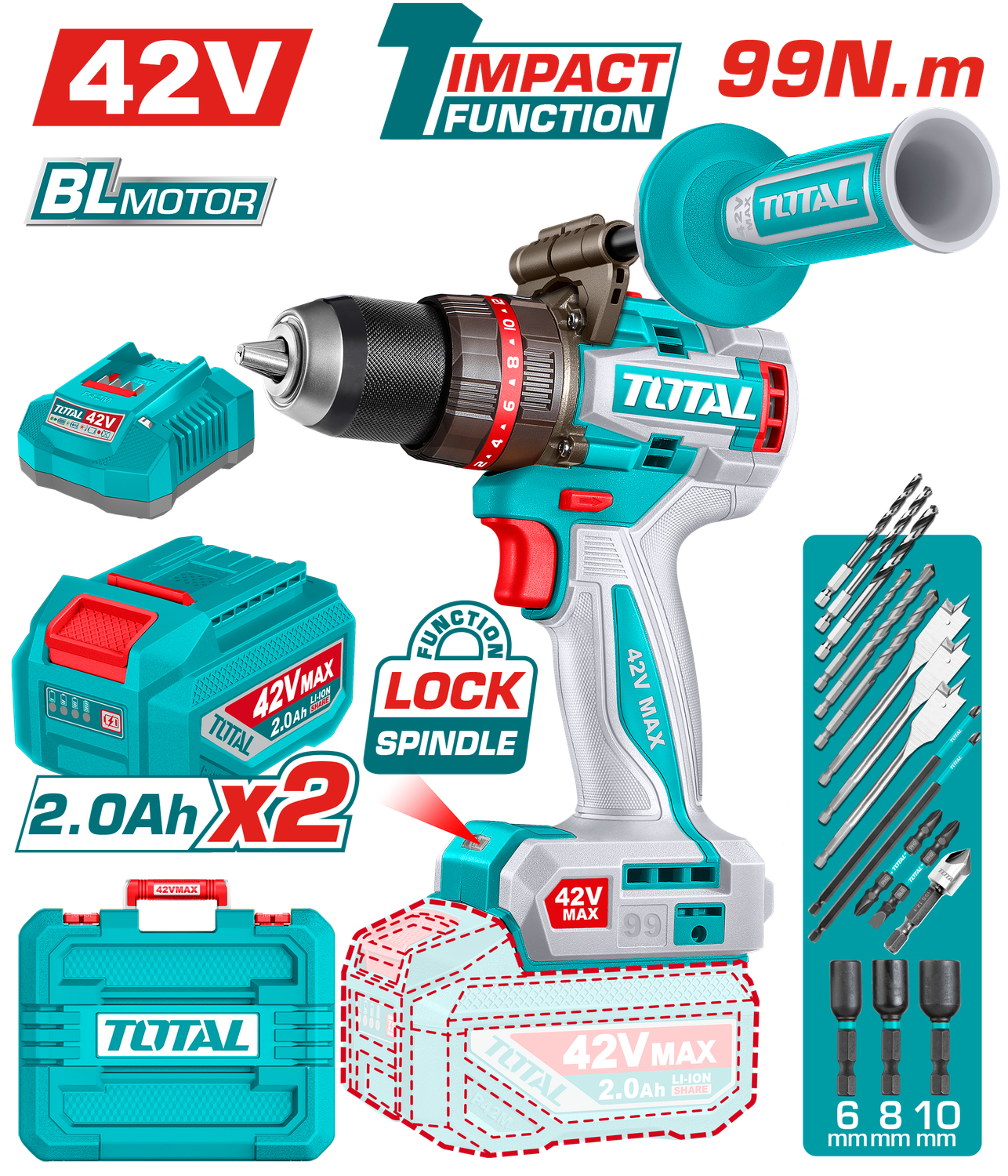 TOTAL TIDLI429982 42V Brushless Cordless Impact Drill Kit – 99Nm High Torque