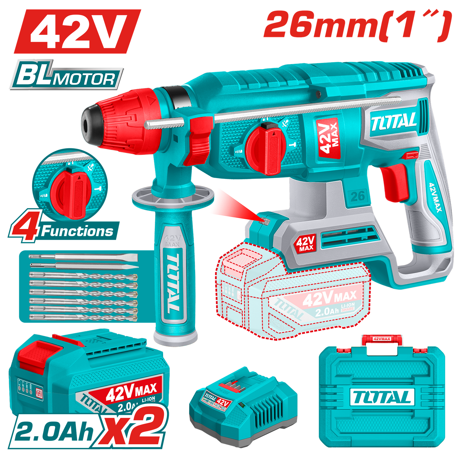 TOTAL TRHLI422682 42V Brushless Cordless Rotary Hammer Kit – SDS Plus